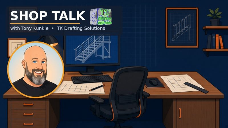 Shop Talk with Tony Kunkle header: a cartoon Tony beside a drafting desk with a steel stair model on screen