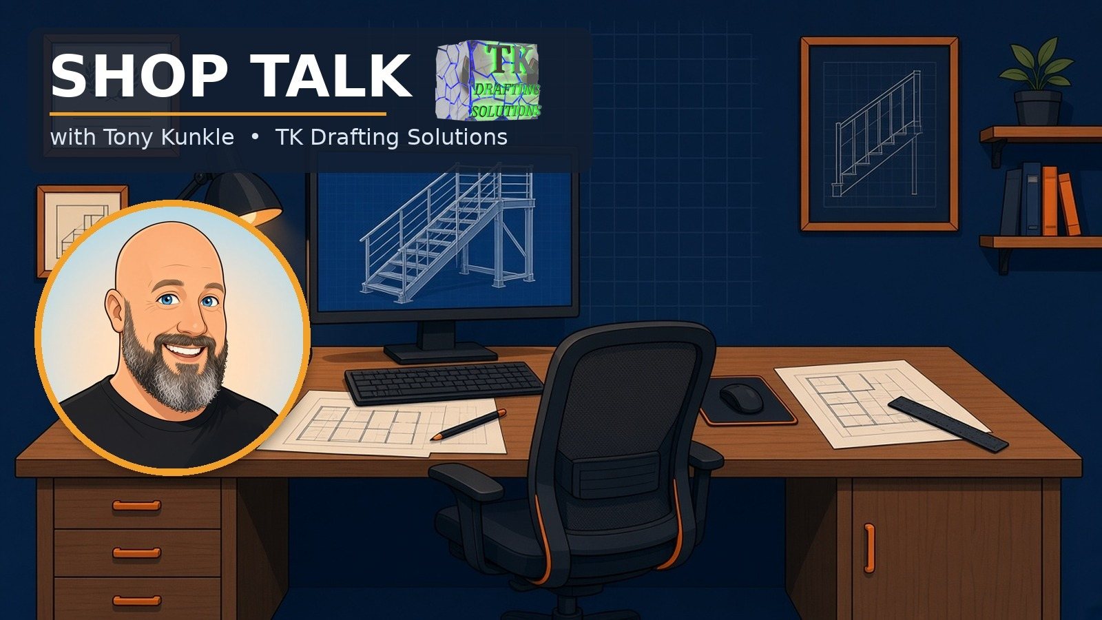 Shop Talk with Tony Kunkle, TK Drafting Solutions: a cartoon Tony beside a drafting desk with a steel stair model on the monitor