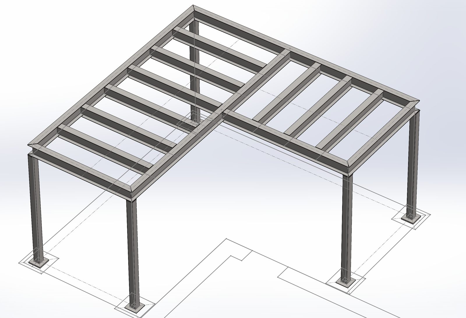 Bare steel frame of the mezzanine: HSS columns, rim angles and beams
