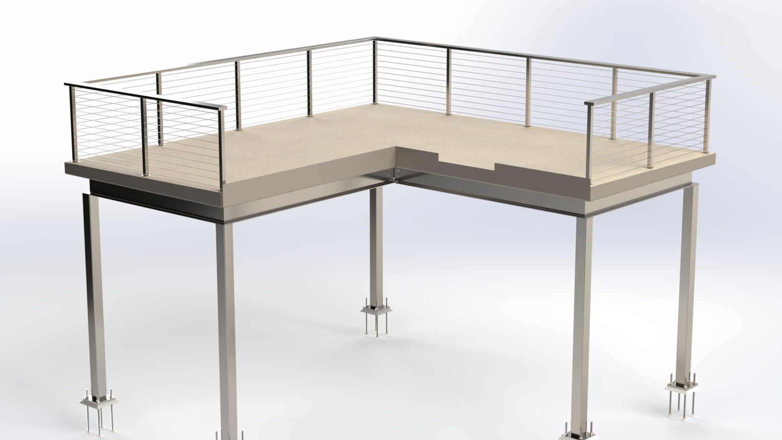 SolidWorks render of an L-shaped steel mezzanine deck with stainless cable railing