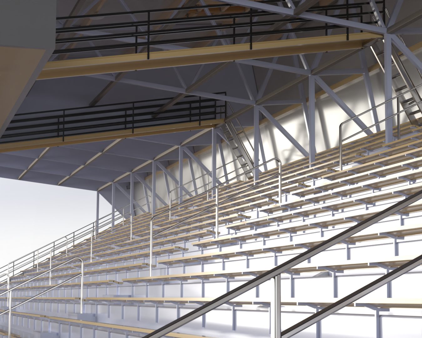 Render of the bleachers under the new roof trusses and catwalks