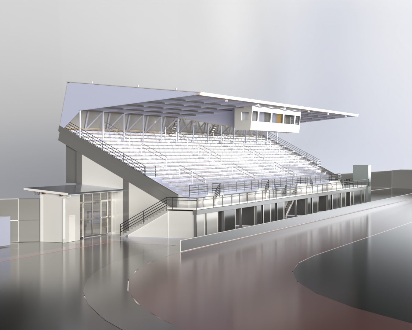 SolidWorks render of the Memorial Stadium grandstand with new steel roof, press box, stairs and railings