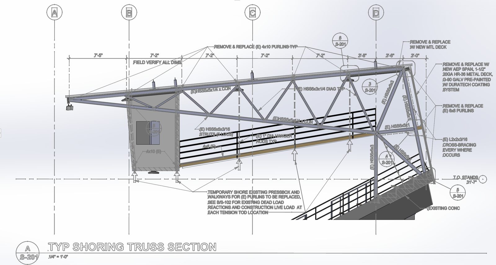 Typical shoring truss section with member callouts and purlin replacement notes