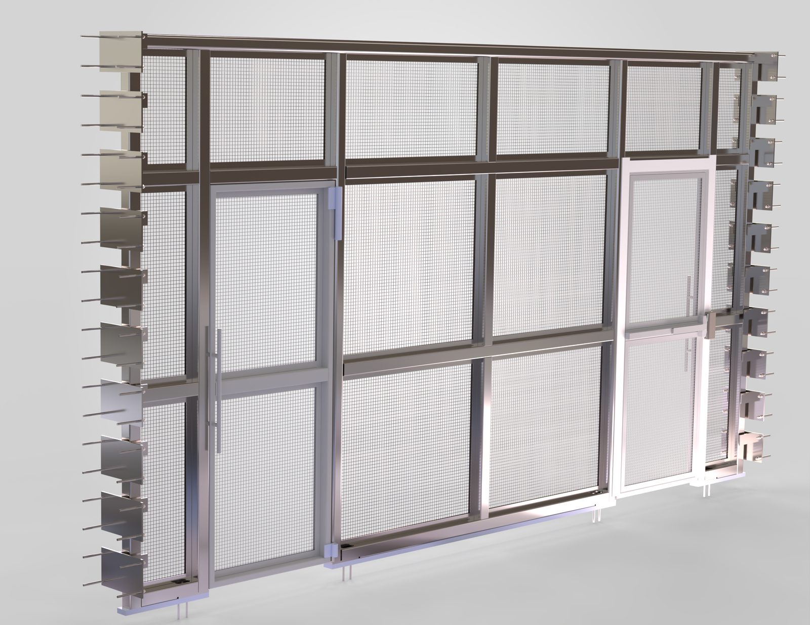 Steel mesh storefront frame with doors and wall anchors
