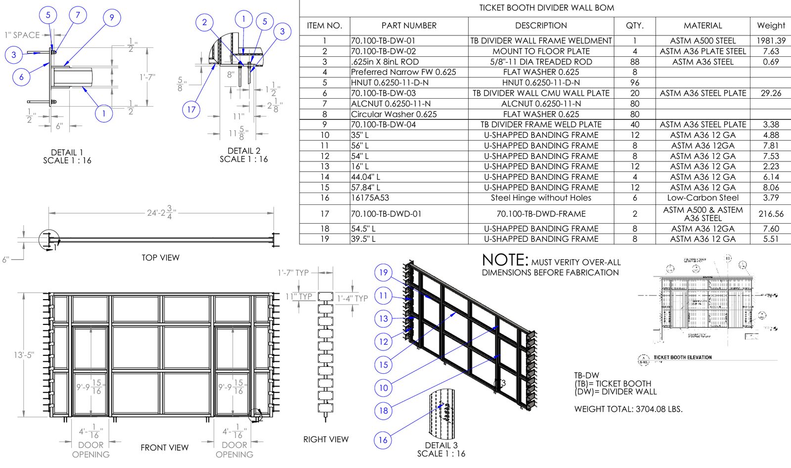Ticket booth divider wall cover sheet with bill of materials, front view and iso
