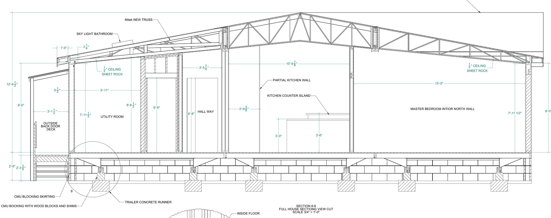 Full-house building section through the repair area
