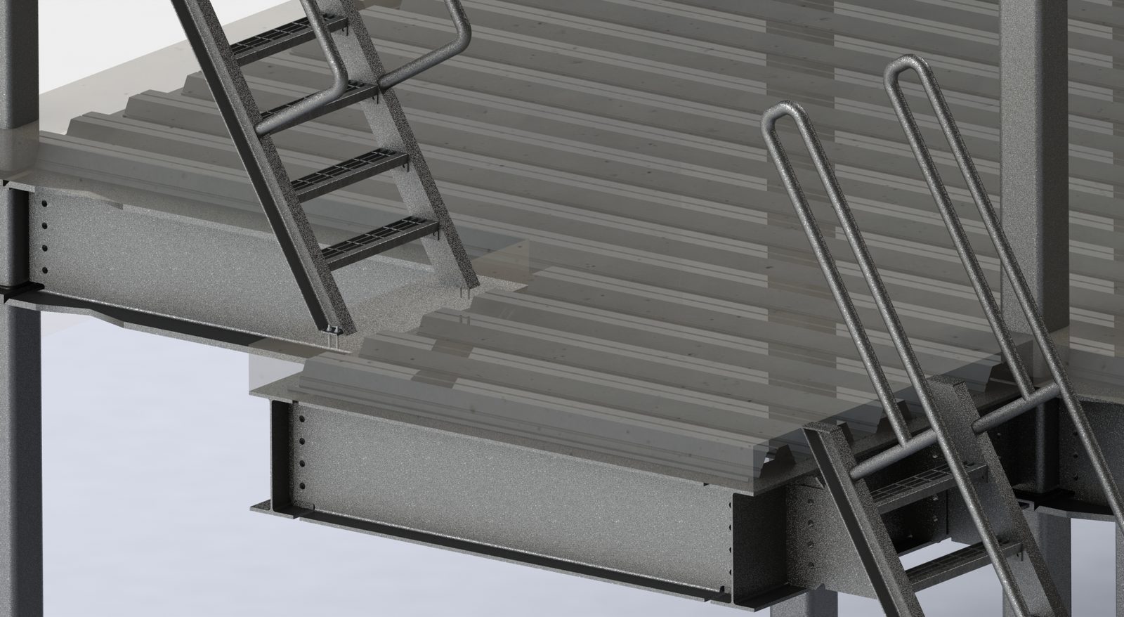 Ladders landing on the deck edge with bolted beam connections