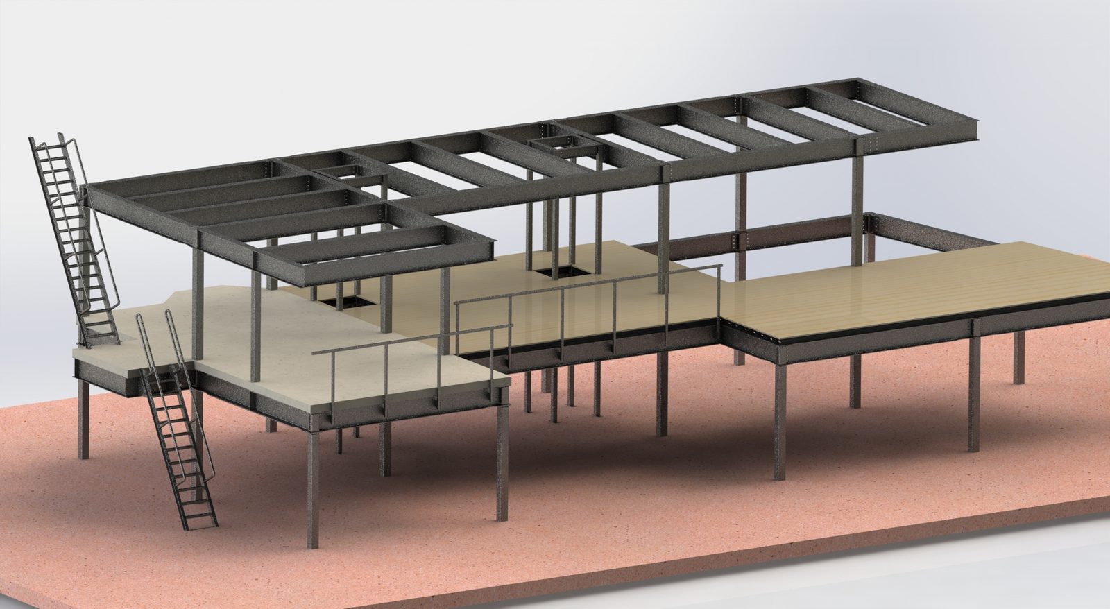SolidWorks render of a two-level steel mezzanine with concrete deck, ladders and guardrail