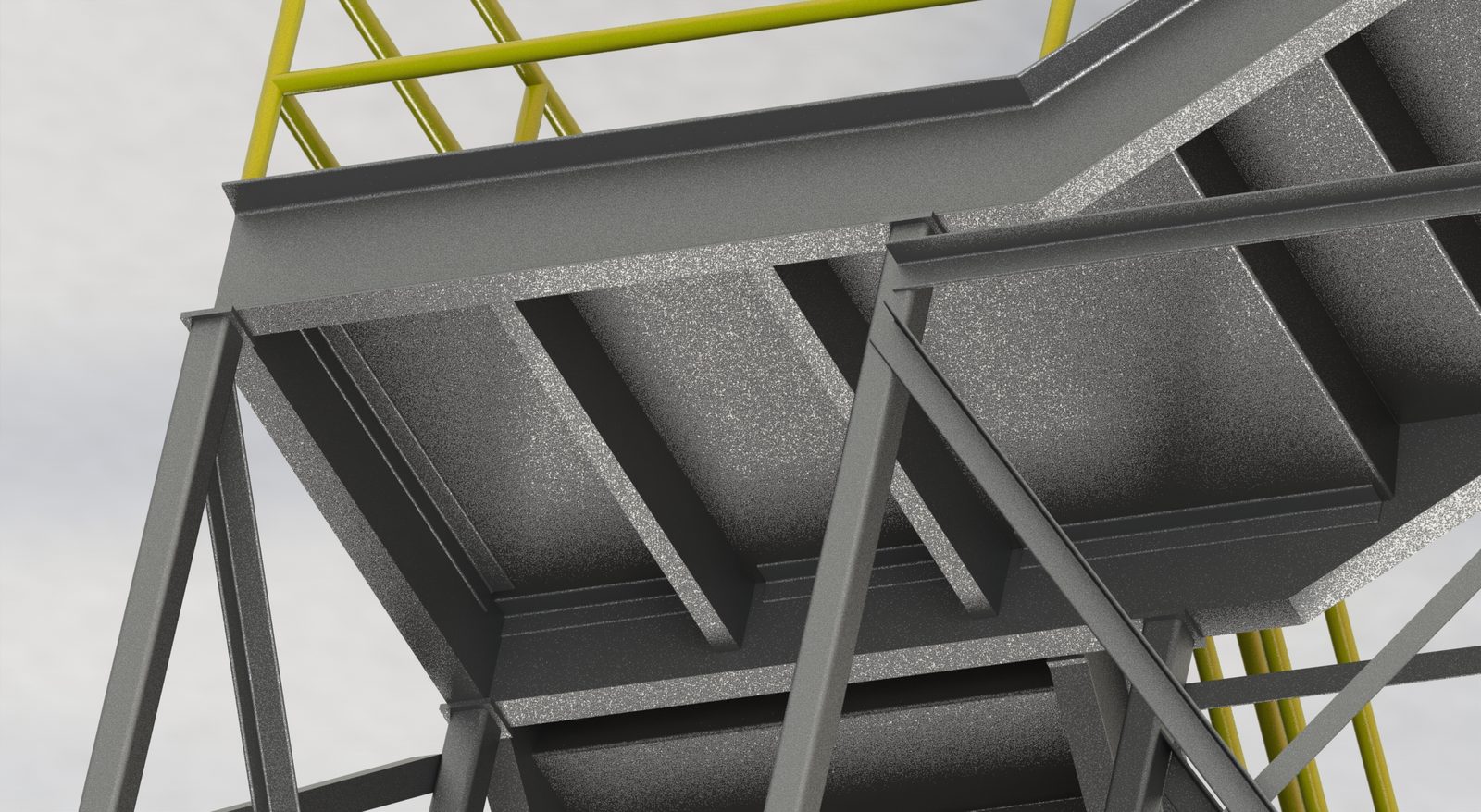 Dark gray render of the landing framing and bracing from below