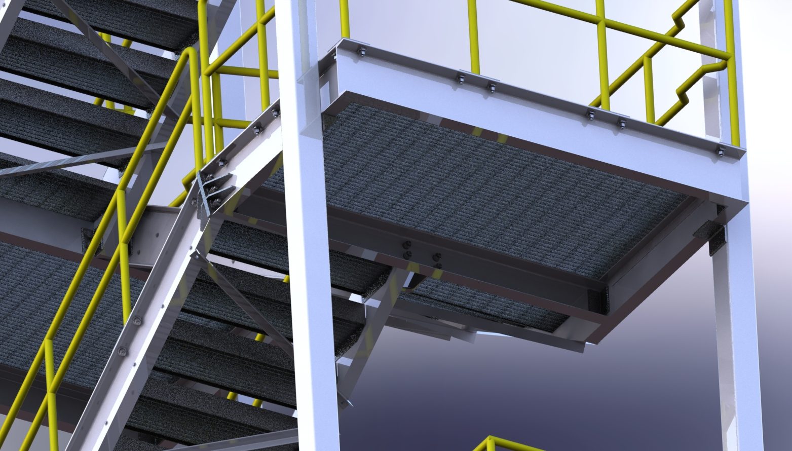 Underside of a landing showing the bolted framing and grating