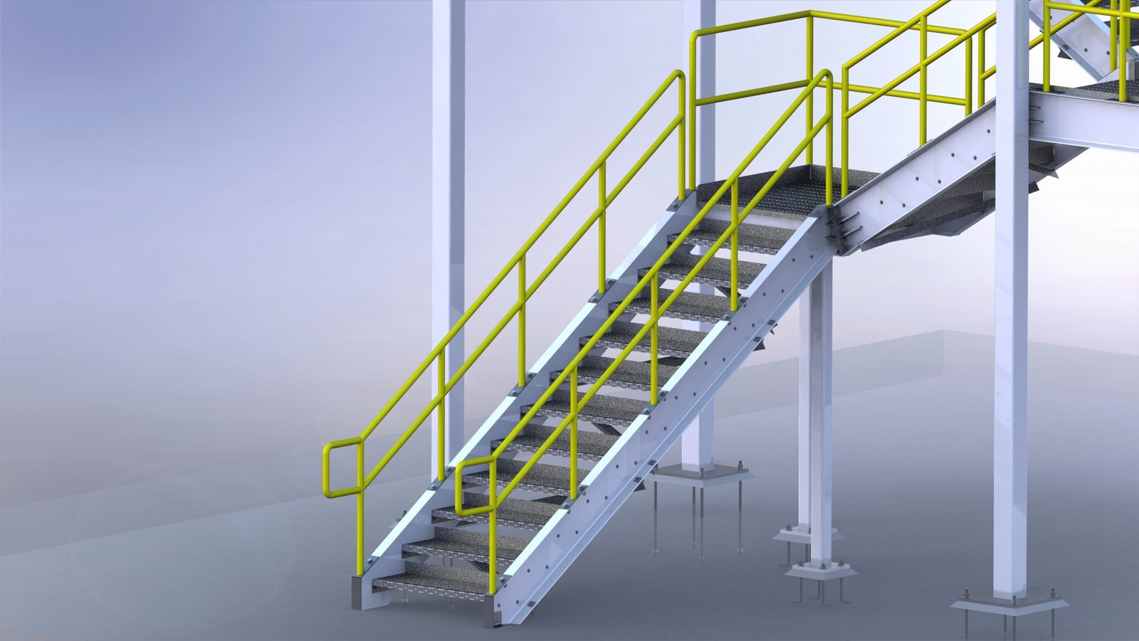 Bottom stair flight with grating treads and guardrail at the base plates