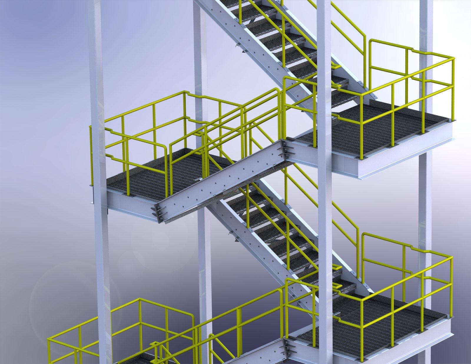 SolidWorks render of a multi-flight steel stair tower with grating landings and yellow guardrails