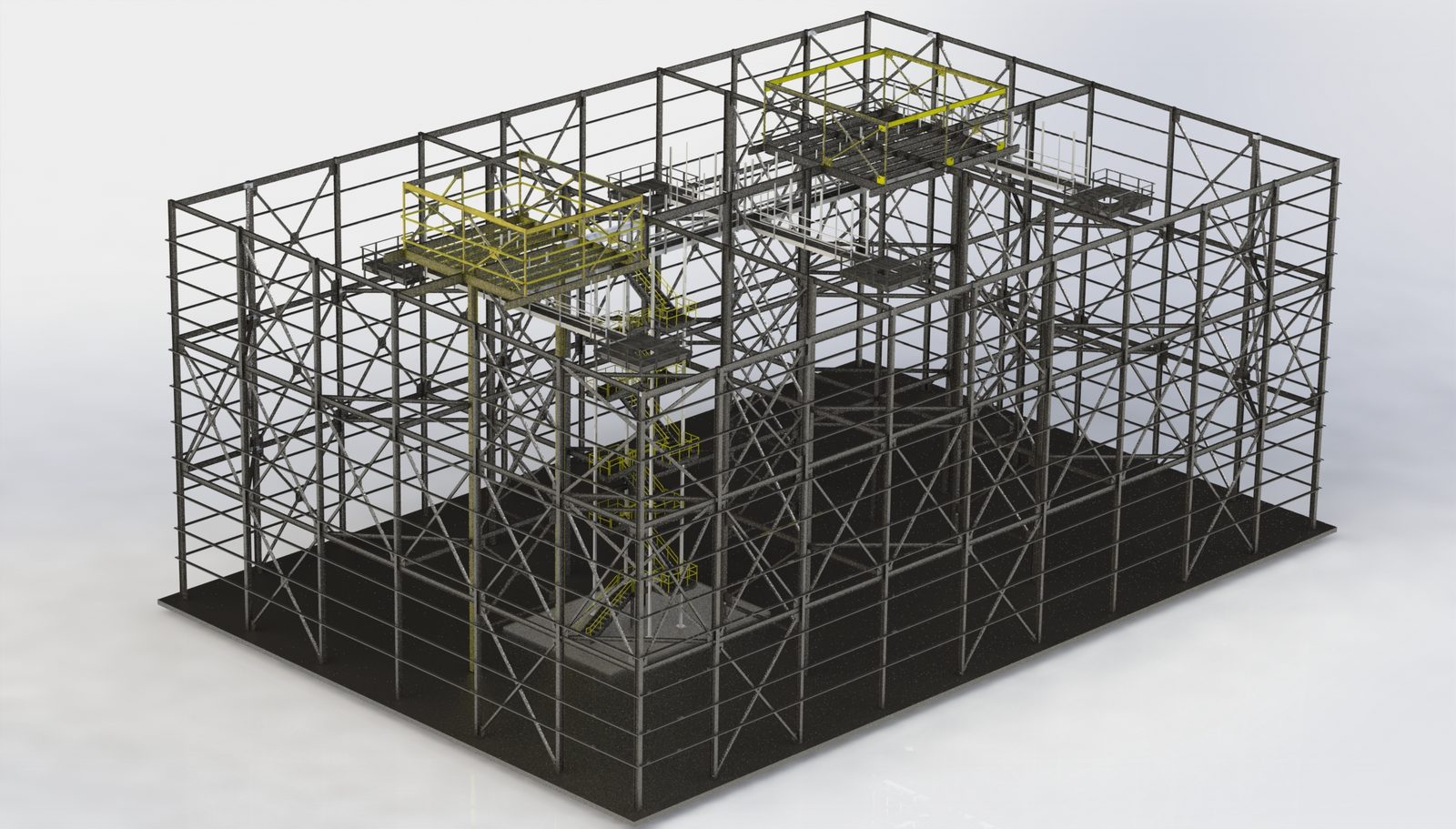 SolidWorks render of the braced steel tank support structure with platforms and stairs