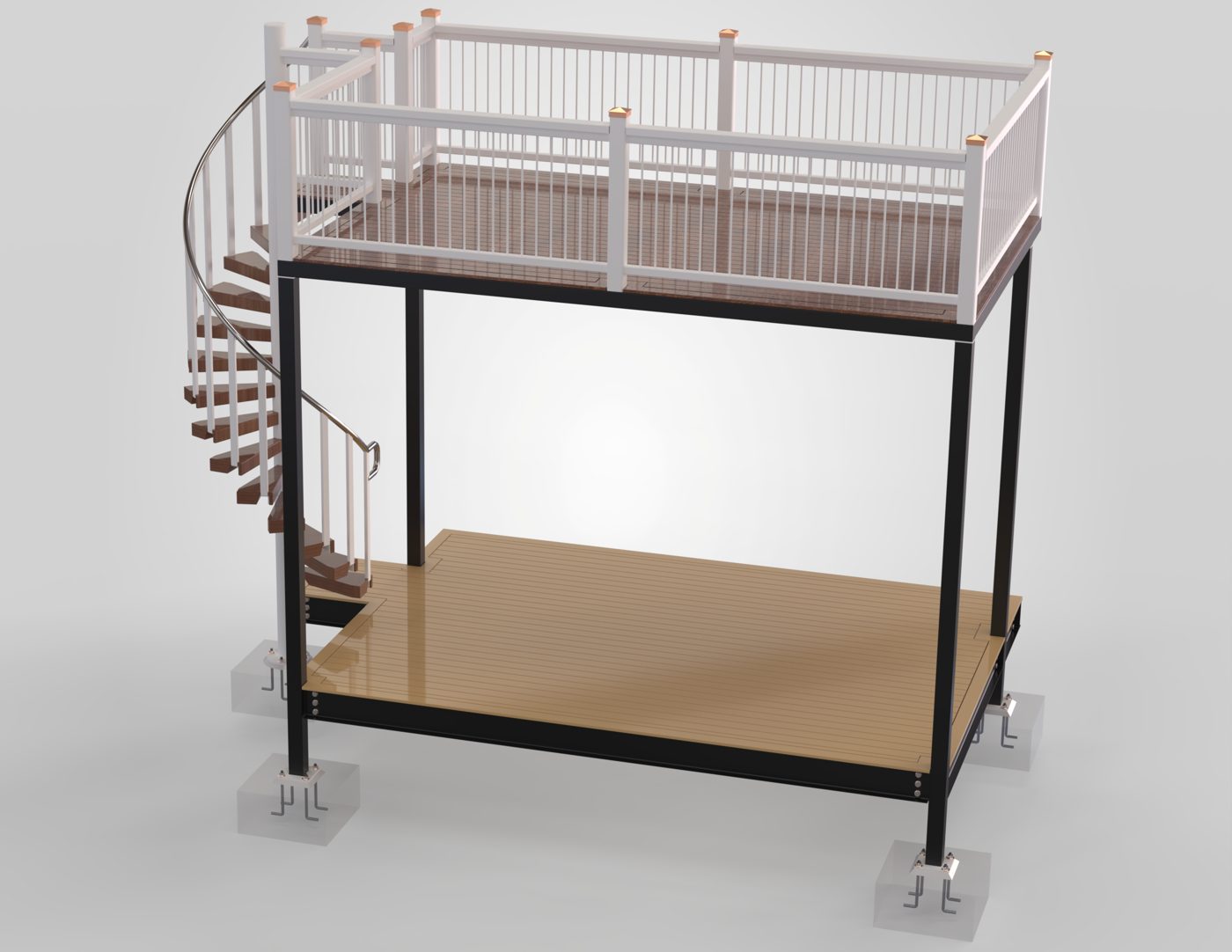 Two-level deck on black steel frame with spiral stair