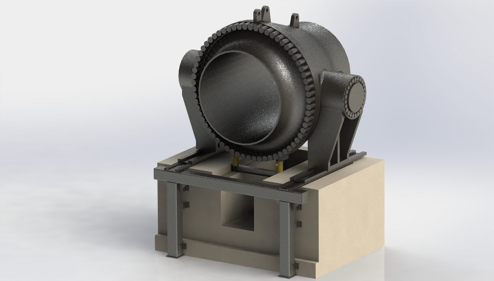 SolidWorks render of a large turbine shutoff valve sitting on a steel moment frame over its concrete pedestal