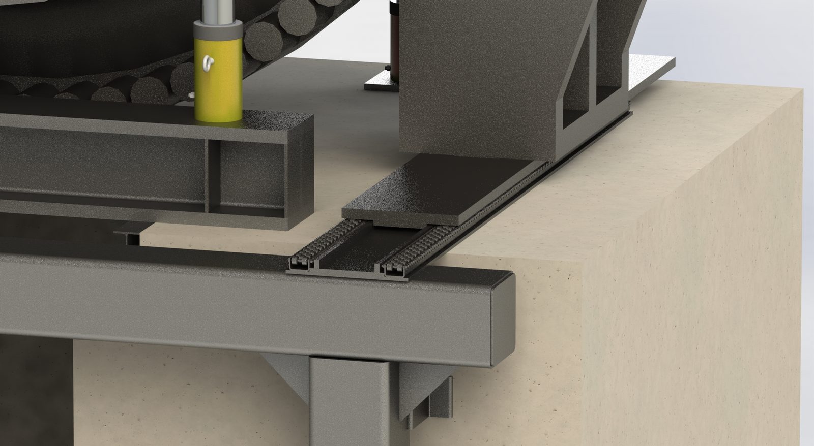 Close-up of the heavy-duty roller rails on the moment frame